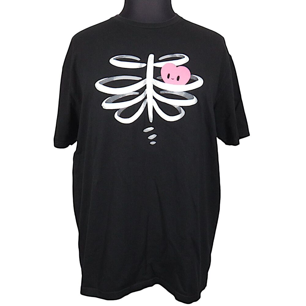 Tee Turtle Black Cotton Skeleton Ribs Heart Tee Shirt Unisex Adult Size XXL